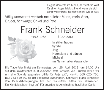 Traueranzeige von Frank Schneider von Pegnitz-Zeitung